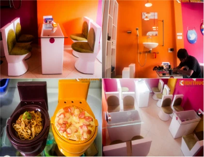 Quán cafe đựng đồ ăn, thức uống vào... bồn cầu