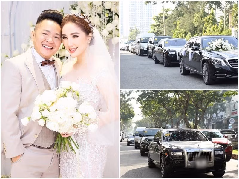 Bảo Thy và doanh nhân Phan Lĩnh tổ chức đám cưới năm 2019. Đoàn xe rước dâu của chú rể gồm nhiều thương hiệu nổi tiếng như Rolls-Royce, Maybach...Ảnh: Znews, Dân Việt.