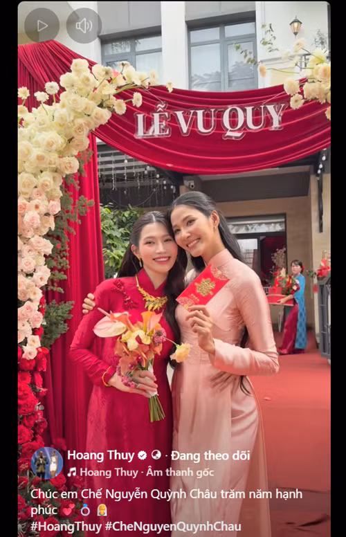 Hoàng Thùy chúc mừng Quỳnh Châu trăm năm hạnh phúc. Ảnh: FB Hoàng Thùy.