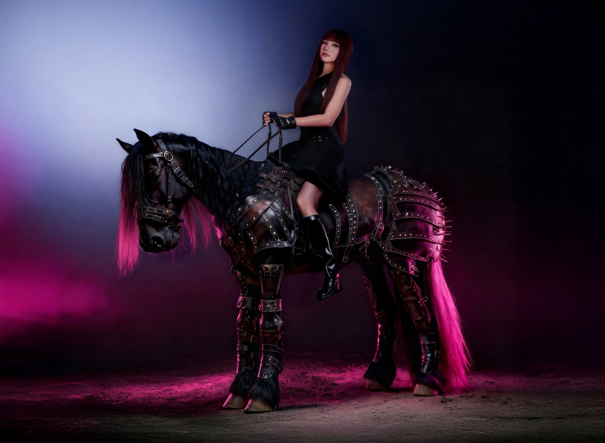Giọng ca sinh năm 1984 ngồi trên lưng một chú ngựa đen được trang bị bộ giáp kim loại cầu kỳ, tạo cảm giác như một nữ chiến binh bước ra từ thế giới tưởng tượng. Ảnh: FB Thu Thủy.