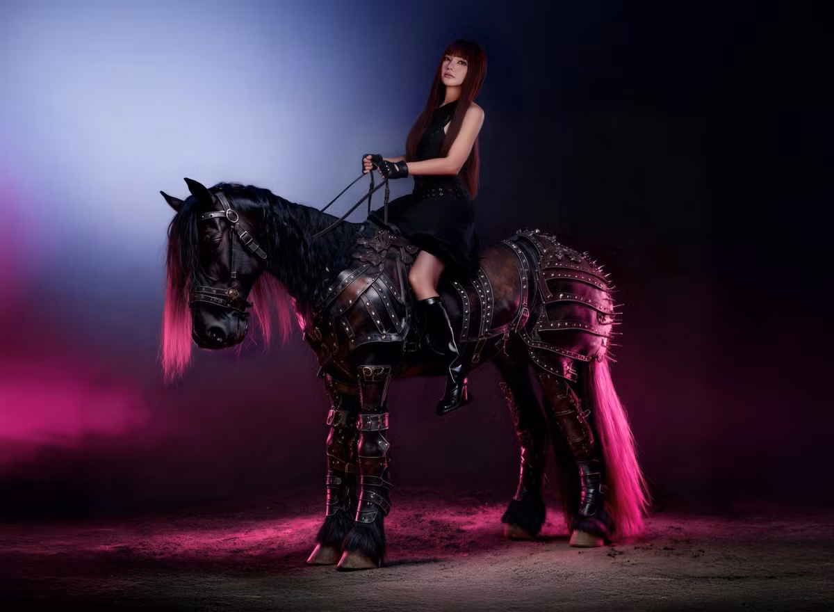 Giọng ca sinh năm 1984 ngồi trên lưng một chú ngựa đen được trang bị bộ giáp kim loại cầu kỳ, tạo cảm giác như một nữ chiến binh bước ra từ thế giới tưởng tượng. Ảnh: FB Thu Thủy.