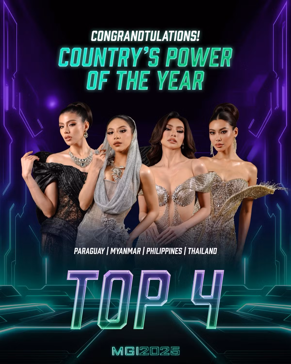 Đại diện Việt Nam không có mặt trong top 4 giải Country's power of the year. Top 4 giải thưởng này gồm đại diện Thái Lan, Paraguay, Myanmar và Philippines. Ảnh: Miss Grand International.
