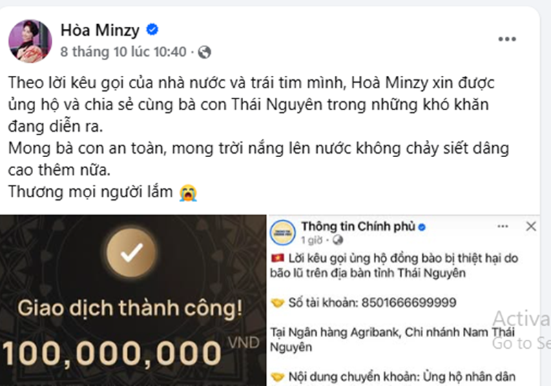 Ít ngày trước, Hòa Minzy ủng hộ 100 triệu đồng cho người dân Thái Nguyên. Ảnh: FB Hòa Minzy.