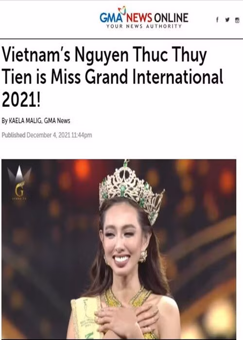 Năm 2021, loạt báo quốc tế từng đưa tin Nguyễn Thúc Thùy Tiên đăng quang Hoa hậu Hòa bình Quốc tế. Ảnh chụp màn hình.
