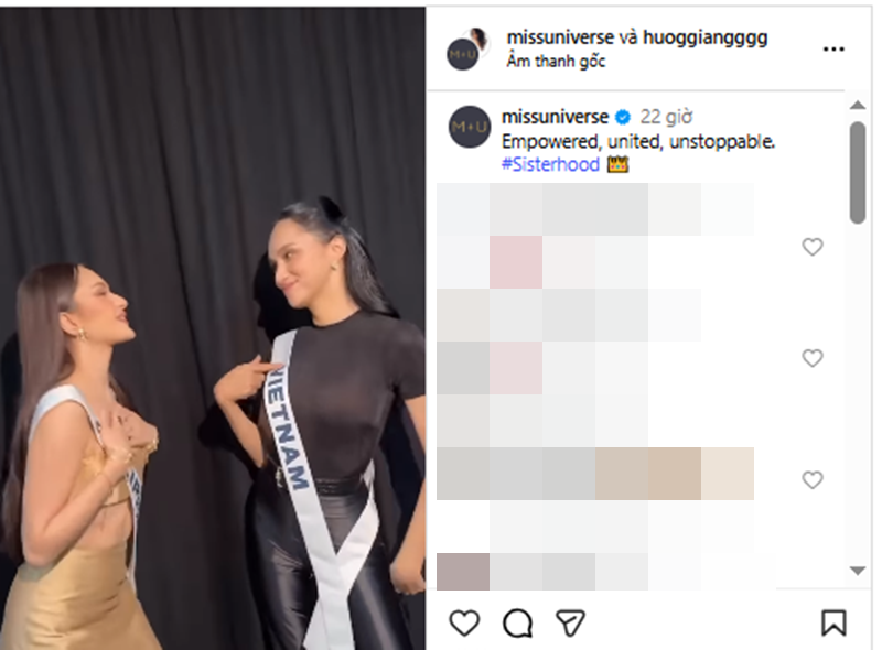 Đăng tải clip đại diện Việt Nam Hương Giang bên đại diện Philippines Maria Ahtisa Manalo trên trang Instagram, ban tổ chức Miss Universe 2025 viết: "Được trao quyền, đoàn kết, không thể ngăn cản" kèm hashtag "tình chị em". Ảnh: Miss Universe.