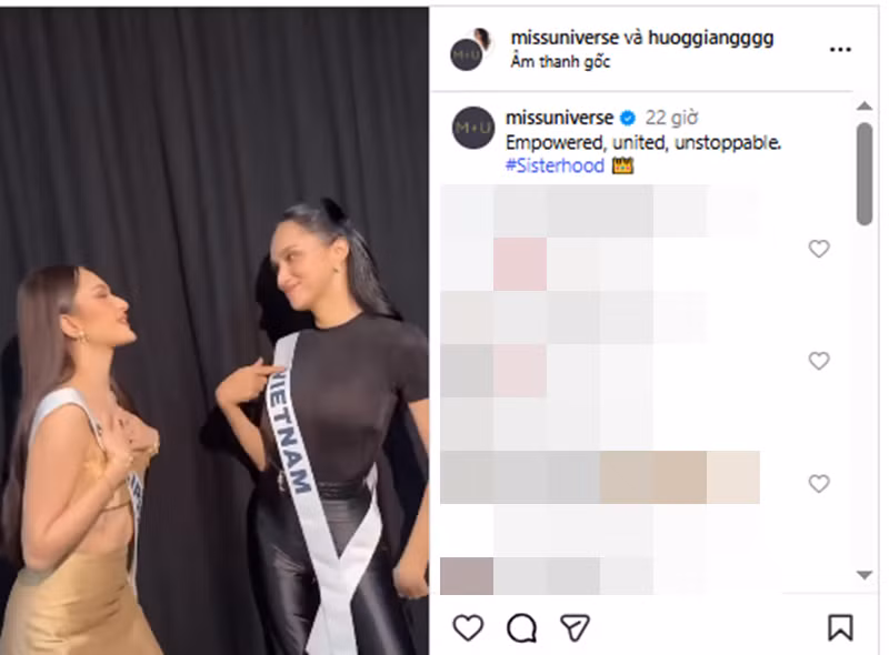 Đăng tải clip đại diện Việt Nam Hương Giang bên đại diện Philippines Maria Ahtisa Manalo trên trang Instagram, ban tổ chức Miss Universe 2025 viết: "Được trao quyền, đoàn kết, không thể ngăn cản" kèm hashtag "tình chị em". Ảnh: Miss Universe.