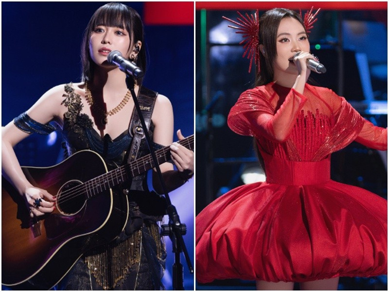 Trong chung kết Sing! Asia 2025, Phương Mỹ Chi (phải) giành vị trí thứ 3. Vị trí thứ 2 thuộc về Chu Phi Ca còn Miyuna (trái) về nhất. Ảnh: Sing! Asia.