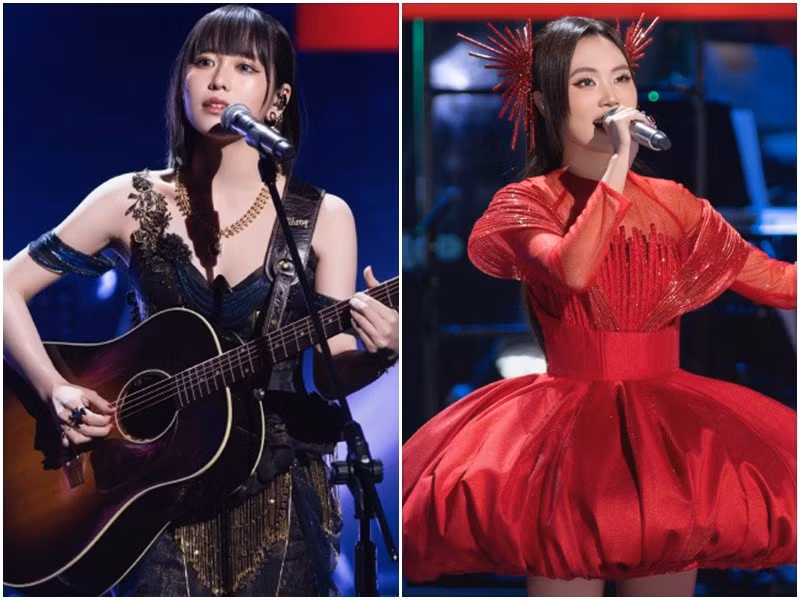 Trong chung kết Sing! Asia 2025, Phương Mỹ Chi (phải) giành vị trí thứ 3. Vị trí thứ 2 thuộc về Chu Phi Ca còn Miyuna (trái) về nhất. Ảnh: Sing! Asia.