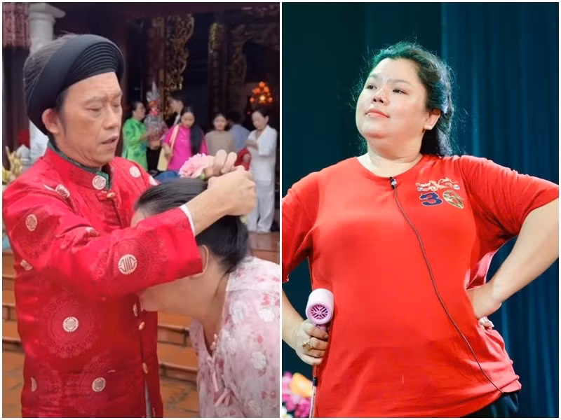 Diễn viên hài Tuyền Mập khoe được Hoài Linh cài giúp hoa trên tóc khi tham dự lễ giỗ Tổ nghề sân khấu. Ảnh: FB Tuyền Mập.