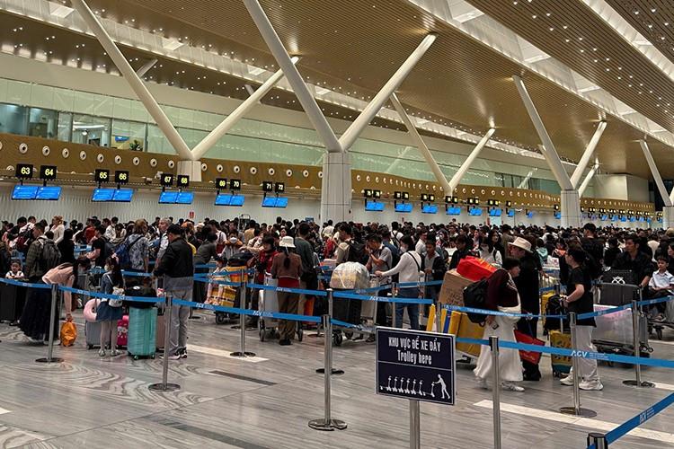 Đông đảo hành khách xếp hàng làm thủ tục.