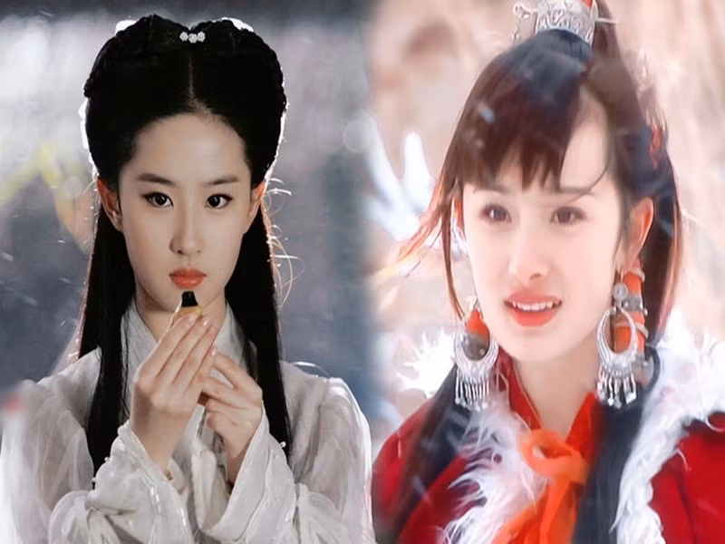 Trong Thần điêu đại hiệp bản năm 2006, Lưu Diệc Phi (trái) đóng vai nữ chính Tiểu Long Nữ, Dương Mịch vào vai nữ phụ Quách Tương. Ảnh: Saostar.