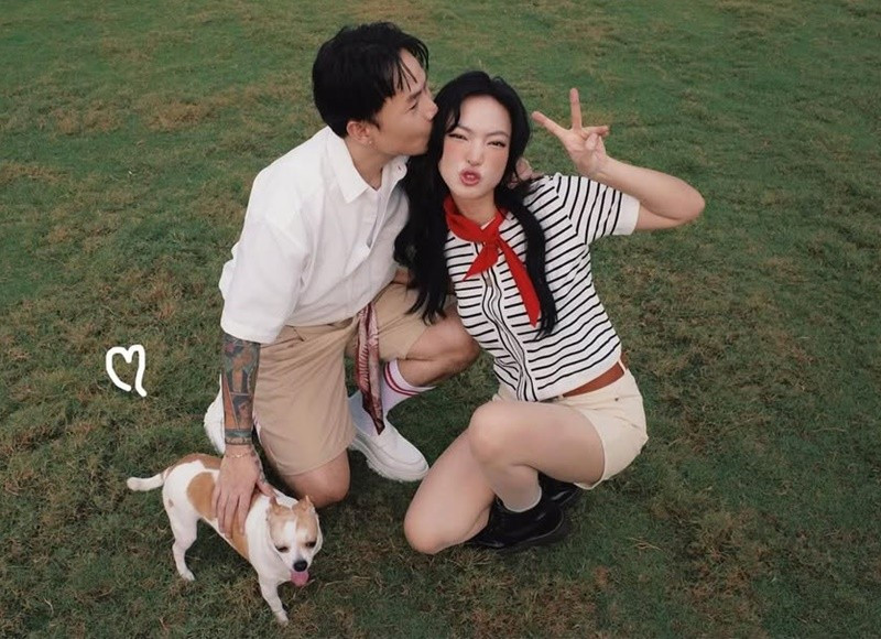 Châu Bùi nhiều lần công khai ủng hộ các dự án âm nhạc của người yêu. Thậm chí, tháng 10/2023, cô tham gia diễn xuất trong MV của Binz - “Hit me up”. Ảnh: Instagram Châu Bùi.