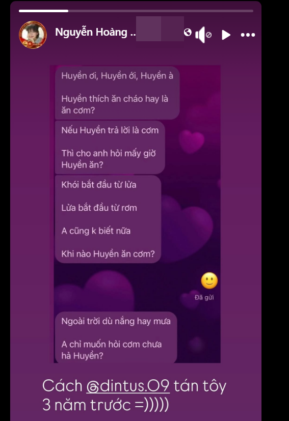 Trên trang cá nhân, Ngọc Huyền chia sẻ ảnh chụp tin nhắn của Đình Tú ngày mới hẹn hò. Cô viết: "Cách Đình Tú tán tôi 3 năm trước". Ảnh: FB Ngọc Huyền.