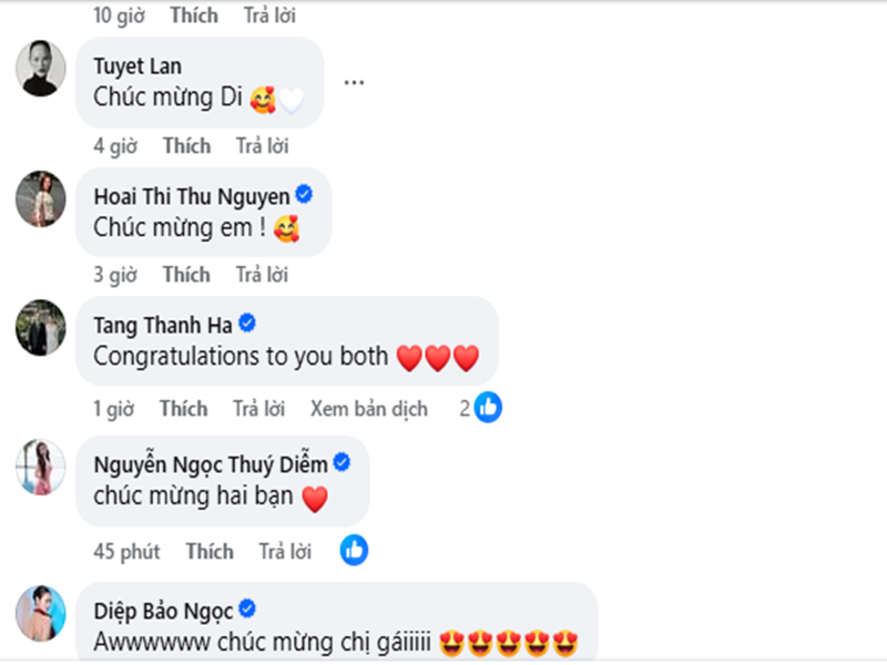 Tăng Thanh Hà gửi lời chúc mừng đến Băng Di và Justin Chiêm. Ảnh: FB Băng Di.
