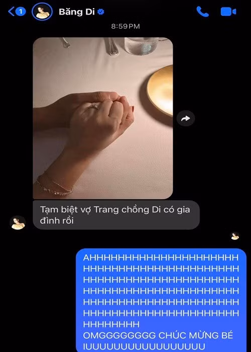 Trang Pháp nhắn nhủ Băng Di: "Muốn viết một cái status thật dài để dành cho bé nhưng mà ngay lúc này thì tui chỉ muốn lên post ngay để nói rằng bé xứng đáng với những điều tốt đẹp nhất và chúc mừng bé và anh Justin". Ảnh: FB Trang Pháp.