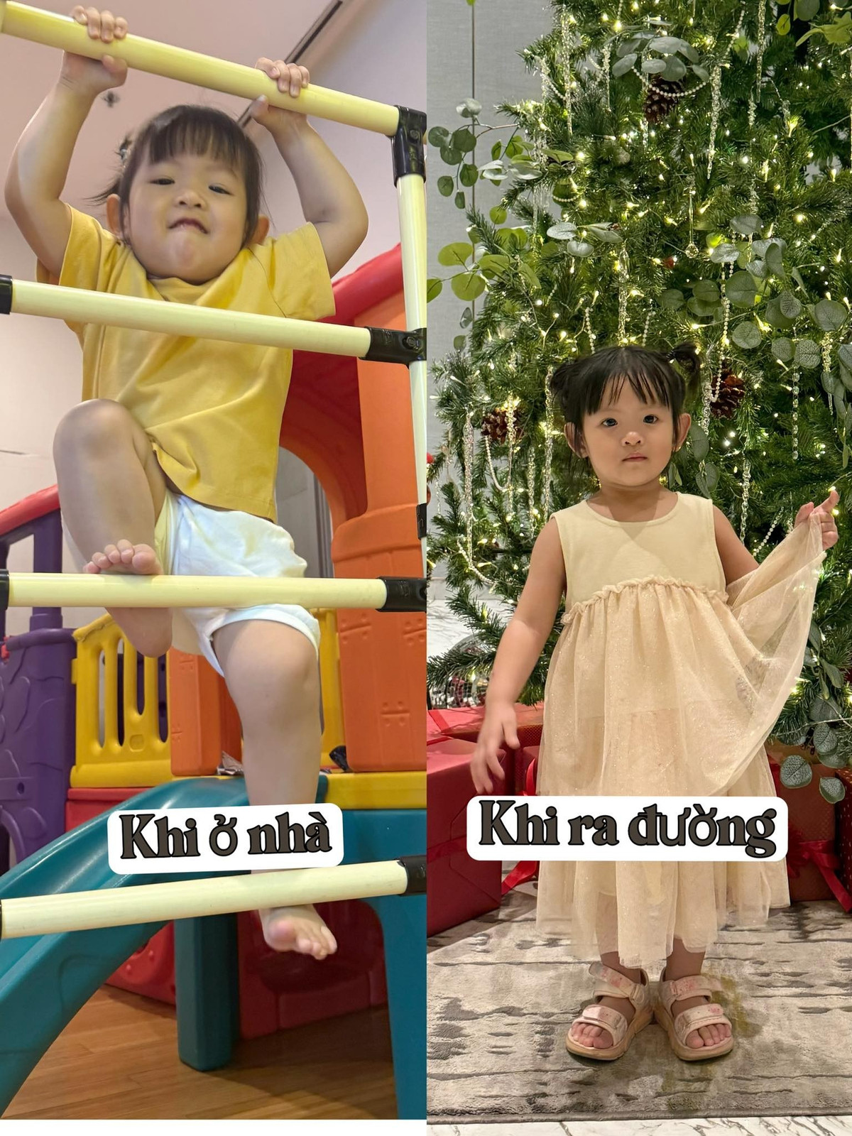 Trương Mỹ Nhân chia sẻ khoảnh khắc đối lập của bé Boni khi ở nhà và khi ra đường. Ảnh: FB Trương Mỹ Nhân.