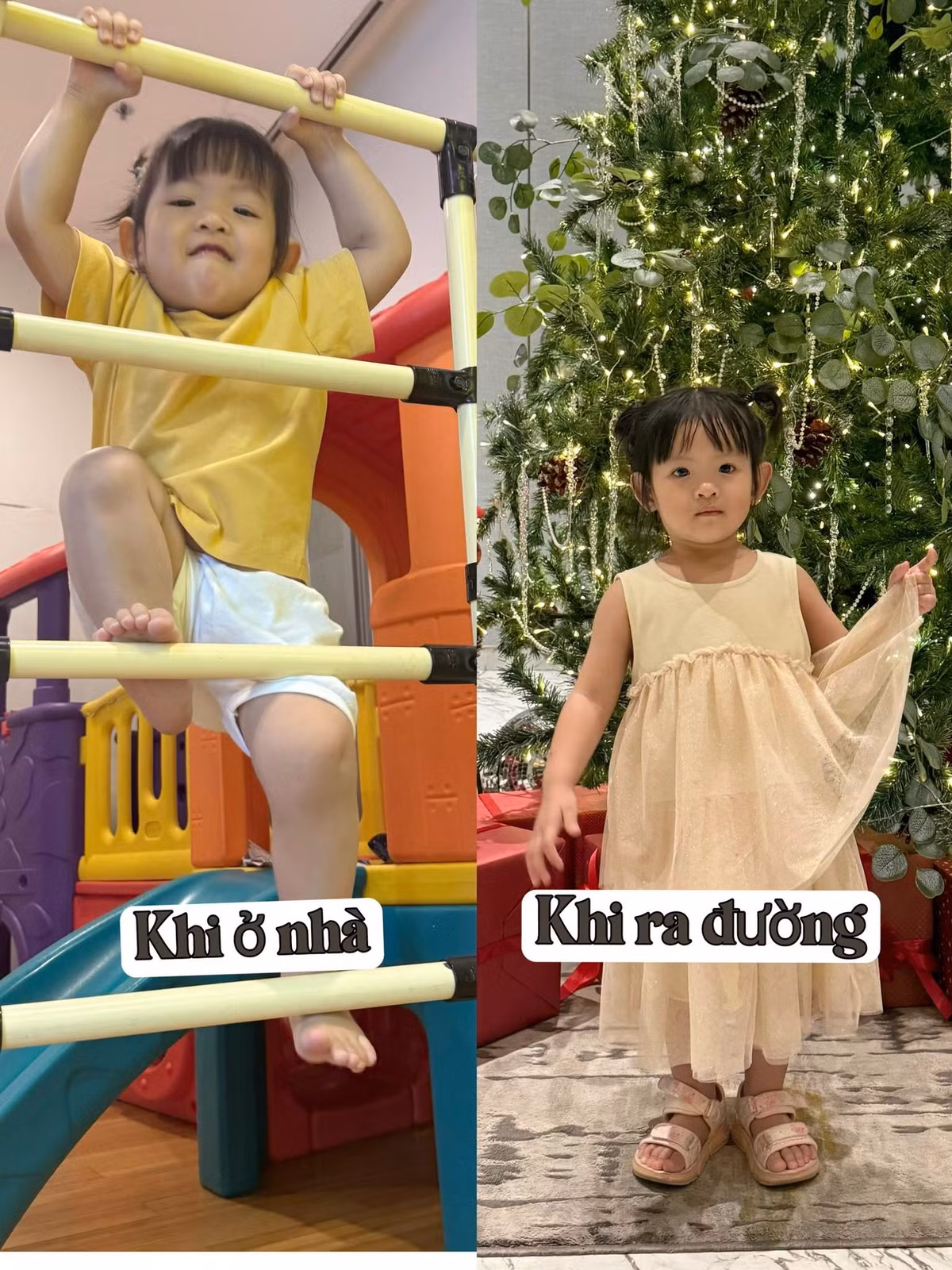 Trương Mỹ Nhân chia sẻ khoảnh khắc đối lập của bé Boni khi ở nhà và khi ra đường. Ảnh: FB Trương Mỹ Nhân.