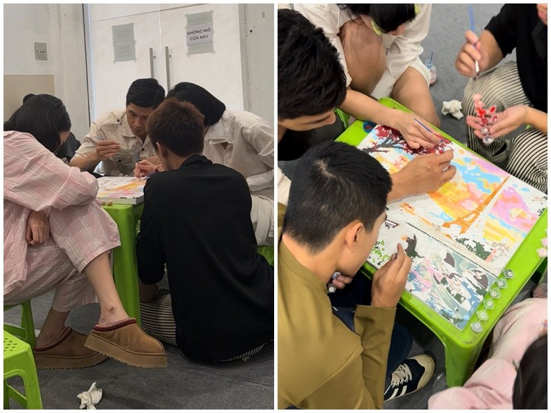 Kaity Nguyễn cùng các đồng nghiệp tô màu trong lúc chờ cảnh quay phim Tử chiến trên không. Ảnh: FB Kaity Nguyễn.