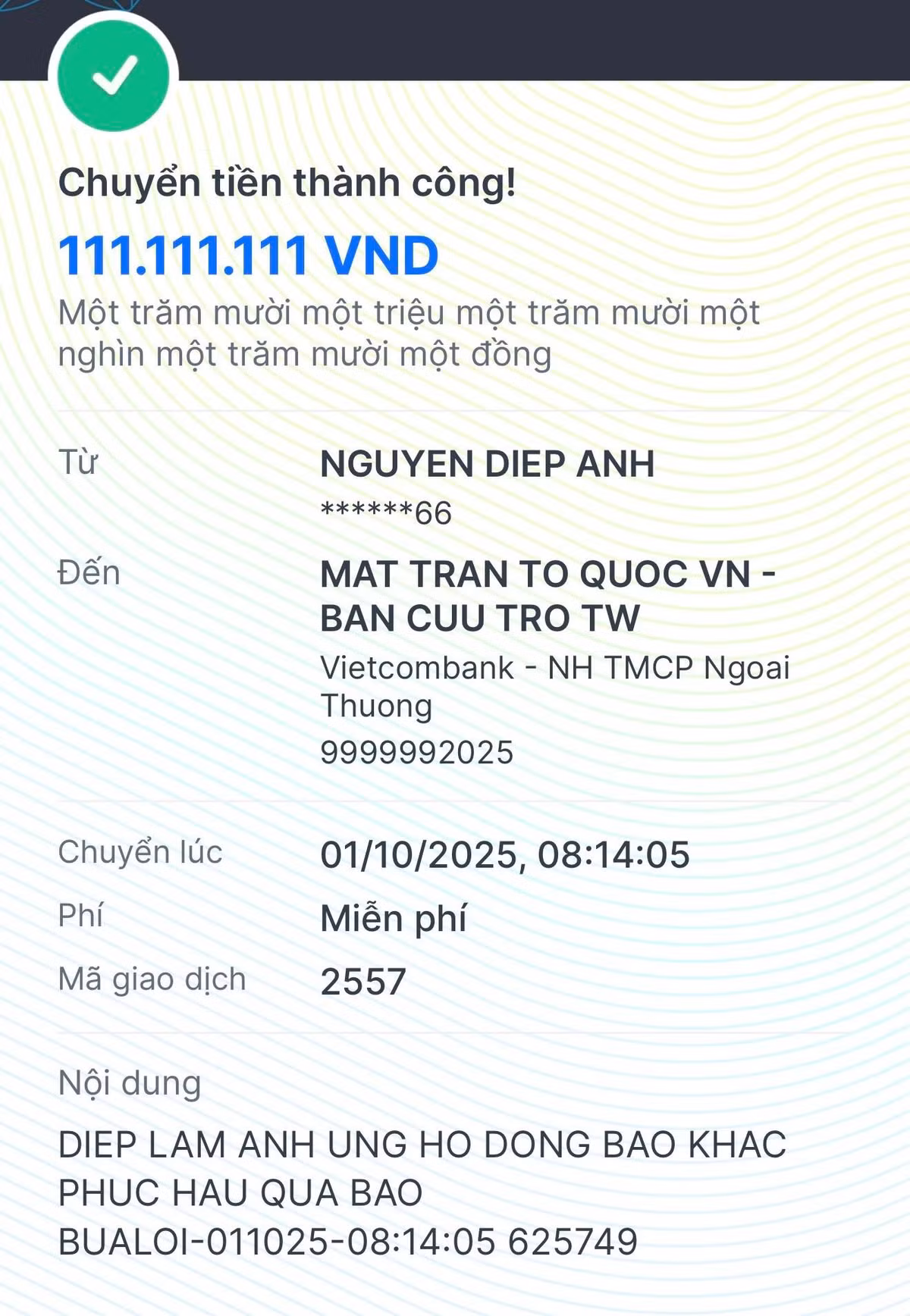 Diệp Lâm Anh quyên góp hơn 100 triệu đồng cho bà con vùng lũ. Ảnh: FB Diệp Lâm Anh.