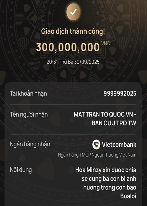 Ngày 30/9, Hòa Minzy ủng hộ 300 triệu đồng để khắc phục hậu quả cơn bão Bualoi. "Hòa Minzy xin được gửi tới bà con những cái ôm và sự chia sẻ sâu sắc nhất", cô viết. Ảnh: FB Hòa Minzy.