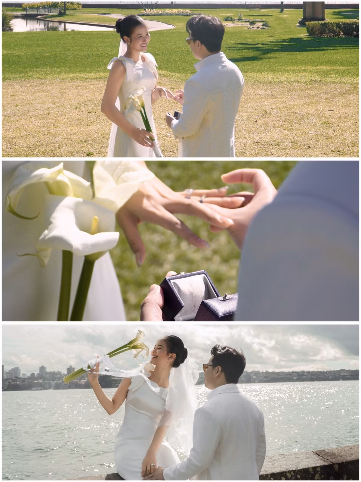 Trong bộ ảnh cưới, Á hậu Hương Ly mặc nhiều mẫu váy tinh tế và tối giản, có nhiều khoảnh khắc tình tứ bên chồng doanh nhân.