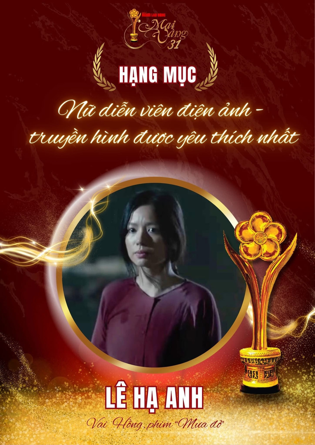 2025 là năm đầy thành công của diễn viên Lê Hạ Anh. Theo Người Lao Động, cô được đề cử vòng bầu chọn hạng mục Nữ diễn viên điện ảnh – truyền hình được yêu thích nhất ở giải Mai Vàng lần thứ 31 (2025) với vai Hồng phim Mưa đỏ.