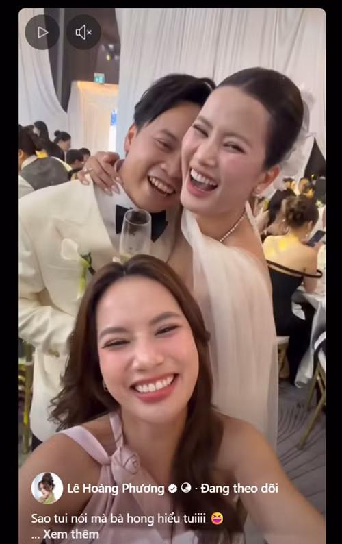 Hoa hậu Lê Hoàng Phương nhắn nhủ Hương Ly: "Phải thật hạnh phúc từ nay và về sau nữa nhé cô dâu Hương Ly và chú rể Tùng Anh". Ảnh: FB Lê Hoàng Phương.