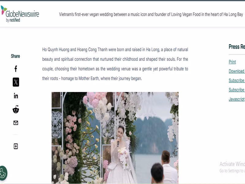 Trang GlobeNewswire cũng có bài viết riêng về đám cưới Hồ Quỳnh Hương. Ảnh chụp màn hình.