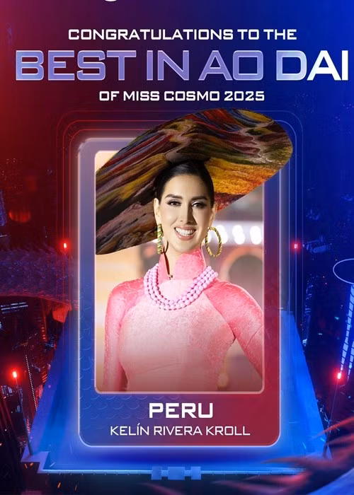 Đại diện Peru - Kelin Rivera Kroll giành giải Thí sinh diện áo dài đẹp nhất. Top 5 giải thưởng này gồm các đại diện: Bahamas, Philippines, Ecuador và Việt Nam. Ảnh: Miss Cosmo.