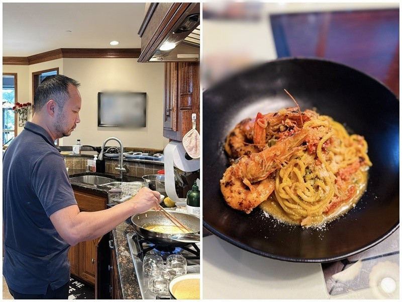 Mới đây, ông bầu Thomas Tâm Nguyễn vào bếp nấu món ngon cho ca sĩ Hồng Ngọc. “May mắn là đi xa với anh này thì xác định là đi cả một đời mới đủ”, Hồng Ngọc hạnh phúc chia sẻ về chồng. Ảnh: FB Hồng Ngọc.