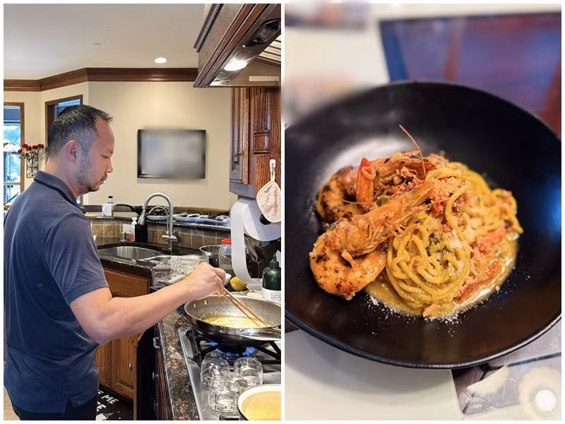 Mới đây, ông bầu Thomas Tâm Nguyễn vào bếp nấu món ngon cho ca sĩ Hồng Ngọc. “May mắn là đi xa với anh này thì xác định là đi cả một đời mới đủ”, Hồng Ngọc hạnh phúc chia sẻ về chồng. Ảnh: FB Hồng Ngọc.