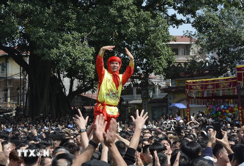 Nghi thức "Dô ông Đám." (Ảnh: Thái Hùng/TTXVN)