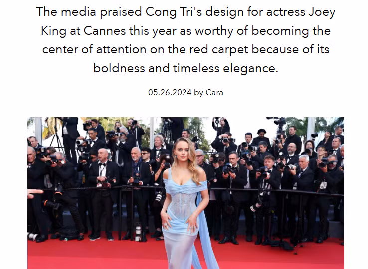 Ngày 26/5/2024, tờ L'Officiel của Pháp đăng tải bài viết với tiêu đề: “Joey King diện thiết kế của Công Trí xuất hiện trên thảm đỏ Cannes”. Ảnh chụp màn hình.