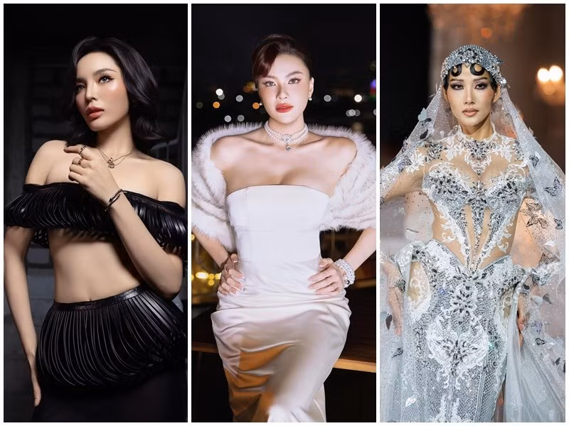 Kim Duyên (giữa) đoạt á hậu 1 Hoa hậu Hoàn vũ Việt Nam 2019, vào top 16 Miss Universe 2021. Hoàng Thùy (ngoài cùng bên phải) đoạt á hậu 1 Hoa hậu Hoàn vũ Việt Nam 2017, vào top 20 Miss Universe 2019. Trong khi đó, Kỳ Duyên đăng quang Miss Universe Vietnam 2024, vào top 30 Miss Universe 2024. Ảnh: FB Kim Duyên, Hoàng Thùy, Kỳ Duyên.