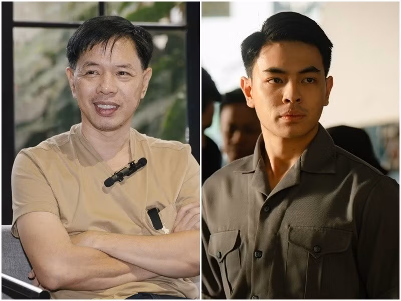 Trong Tử chiến trên không đang ra rạp, Thái Hòa đóng vai phản diện Long, Thiên Minh - con trai của nam diễn viên vào vai học viên cảnh vệ. Ảnh: Znews, Thể Thao Văn Hoá.