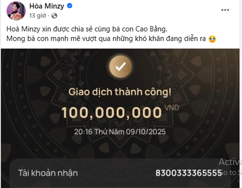 "Mong bà con mạnh mẽ vượt qua những khó khăn đang diễn ra", nữ ca sĩ viết trên trang cá nhân. Ảnh: FB Hòa Minzy.