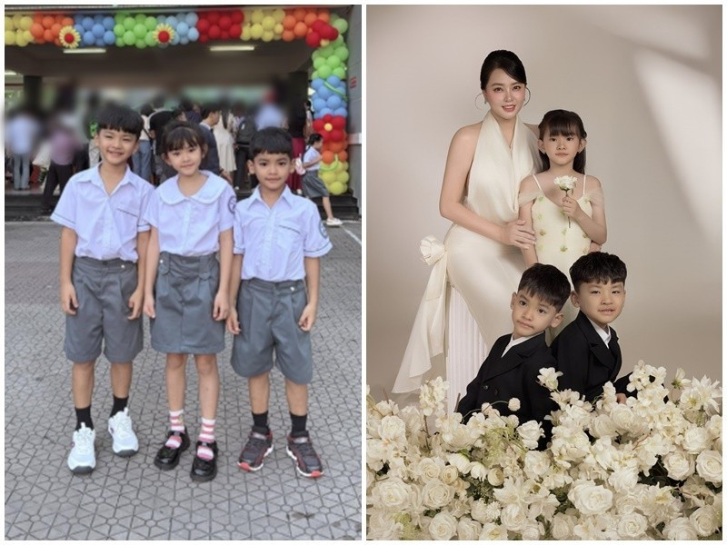 3 nhóc tì nhà Hải Băng được bố mẹ đưa đi khai giảng. Ảnh: FB Hải Băng.