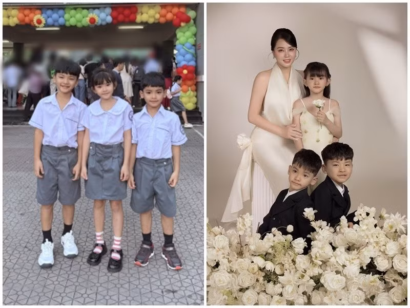 3 nhóc tì nhà Hải Băng được bố mẹ đưa đi khai giảng. Ảnh: FB Hải Băng.