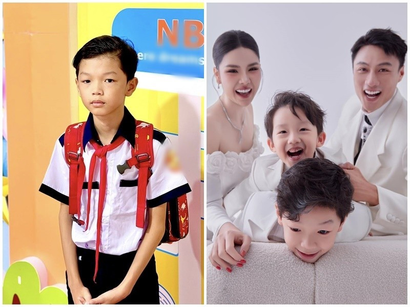 Người mẫu Kỳ Hân đăng ảnh con trai đầu lòng đi khai giảng. “Cậu đi khai giảng mà sức khỏe không được tốt. Mặt xị như mất sổ gạo”, Kỳ Vân viết. Ảnh: FB Kỳ Hân.