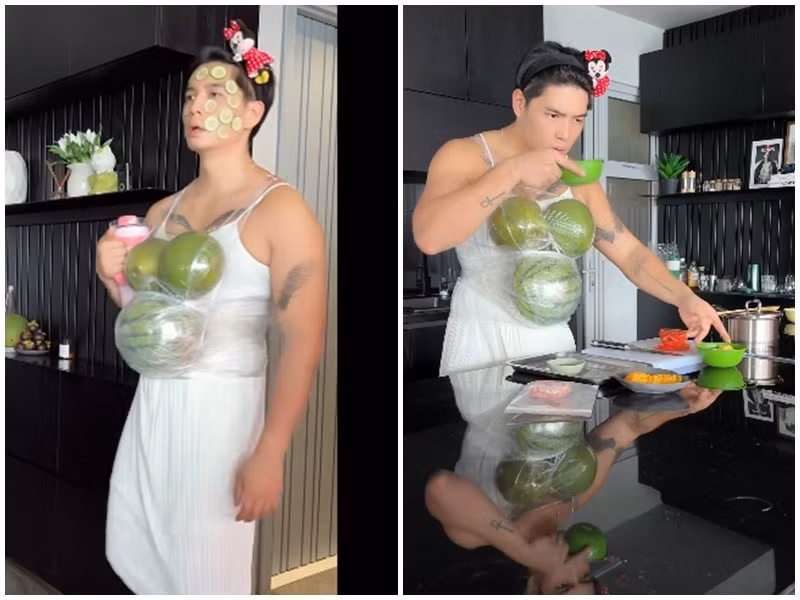 Hóa bà bầu, Huy Trần có nhiều biểu cảm hài hước khi thể hiện cảm giác ốm nghén, cảm giác bốc hỏa. Ảnh: FB Huy Trần.