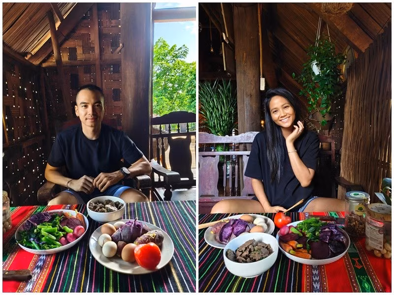 H'hen Niê khoe ảnh cùng chồng ăn sáng. Ảnh: FB H'hen Niê.