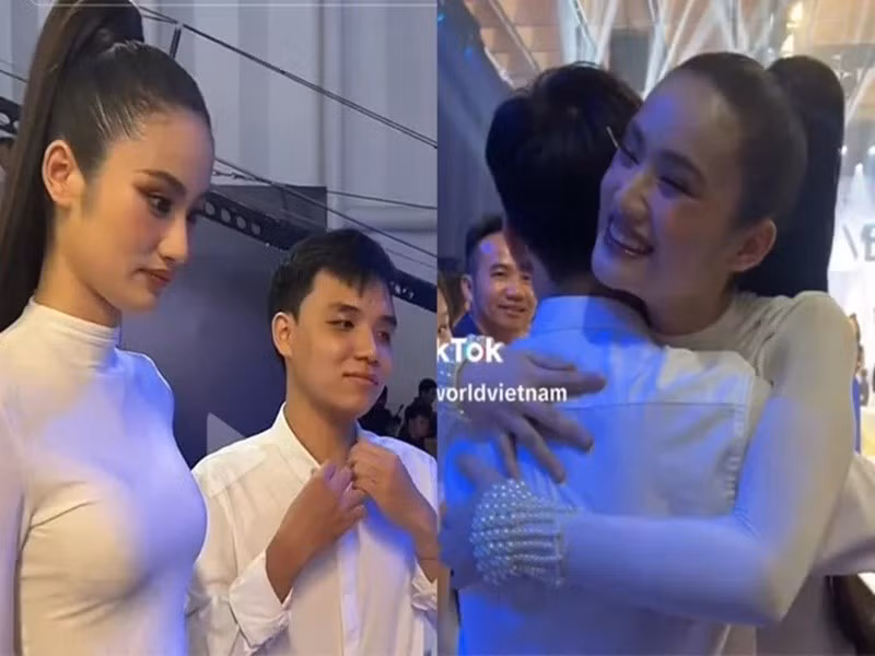 Anh Kiệt ôm chầm Ý Nhi khi ủng hộ nàng hậu trong một đêm diễn thời trang. Ảnh: Saostar.