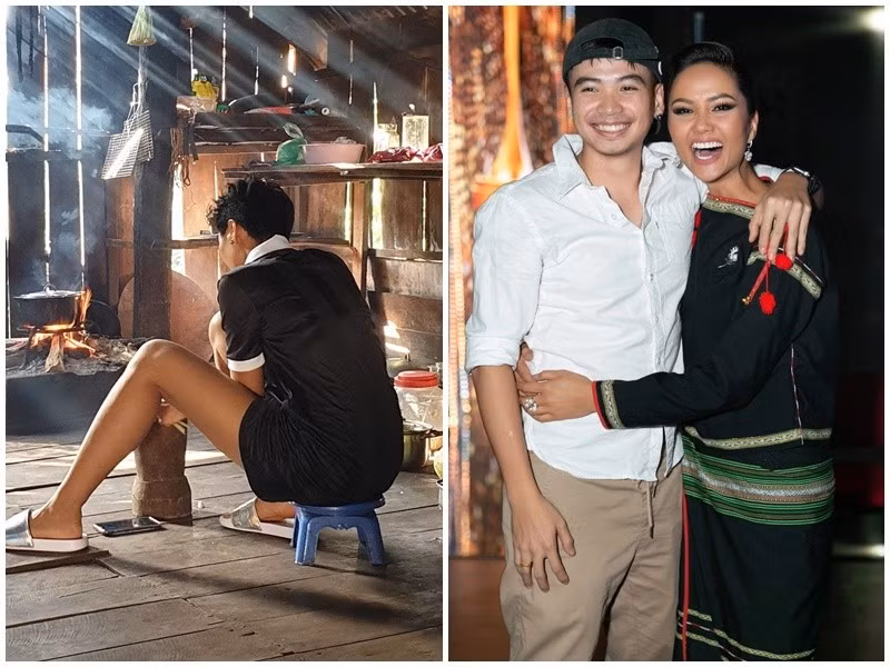 7 năm trước, H’hen Niê đưa Tuấn Khôi về nhà giới thiệu với gia đình. Nàng hậu cho biết, đến ra mắt, Tuấn Khôi chụp những khoảnh khắc gia đình vợ nấu ăn. “Hen đang giã cá khô, món yêu thích từ tuổi thơ và lần đầu chế biến cho bạn trai ăn nên cũng có phần toát mồ hôi hột”, nàng hậu chia sẻ. Ảnh: FB H'hen Niê.