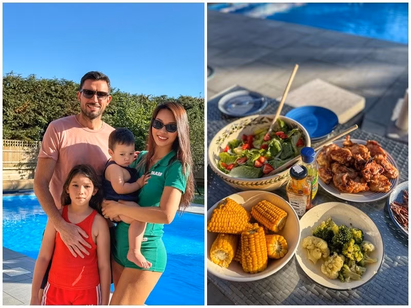 Từ London (Anh), siêu mẫu Hà Anh liên tục cập nhật hình ảnh của bản thân và chồng con. Mới nhất, vợ chồng Hà Anh cùng bạn bè tổ chức bữa tiệc nhỏ bên bể bơi. Ảnh: FB Hà Anh.