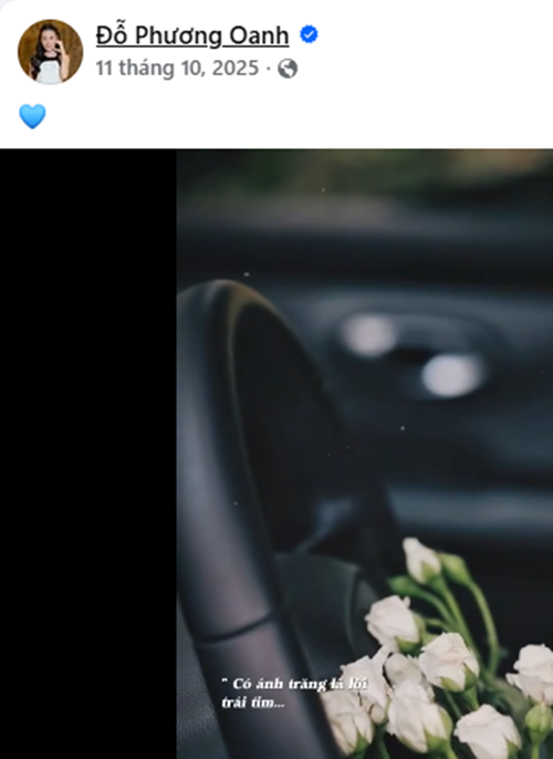Trước đó, bài đăng gần nhất của Phương Oanh trên mạng xã hội là cách đây khoảng 4 tháng. Khi ấy, nữ diễn viên chỉ chia sẻ biểu tượng trái tim màu xanh kèm một đoạn clip TikTok sử dụng ca khúc Ánh trăng nói hộ lòng tôi. Ảnh: FB Phương Oanh.