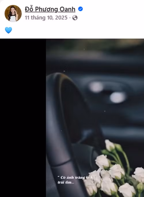 Trước đó, bài đăng gần nhất của Phương Oanh trên mạng xã hội là cách đây khoảng 4 tháng. Khi ấy, nữ diễn viên chỉ chia sẻ biểu tượng trái tim màu xanh kèm một đoạn clip TikTok sử dụng ca khúc Ánh trăng nói hộ lòng tôi. Ảnh: FB Phương Oanh.