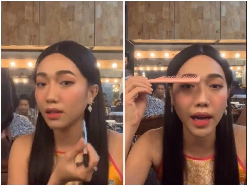 Nữ diễn viên từng hướng dẫn chải lông mày bằng chiếc lược chải tóc, dùng bút lông màu để đánh khối. Ảnh: Sức Khỏe Đời Sống.
