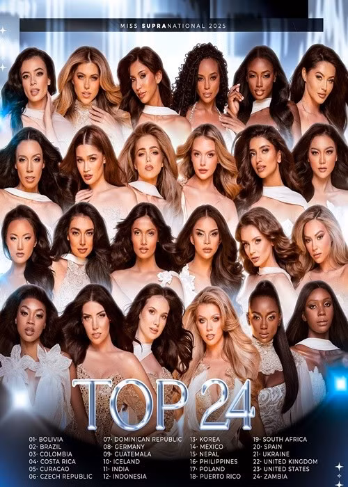 Top 24 Hoa hậu Siêu quốc gia 2025 gồm: Mexico, Ấn Độ, Zambia, Guatemala, Brazil, Cộng hòa Dominica, Curacao, Costa Rica, Puerto Rico, Colombia, Mỹ, Bolivia, Cộng hòa Séc, Ukraine, Anh, Đức, Iceland, Tây Ban Nha, Ba Lan, Nepal, Philippines, Indonesia, Hàn Quốc và Nam Phi. Ảnh: Miss Supranational.