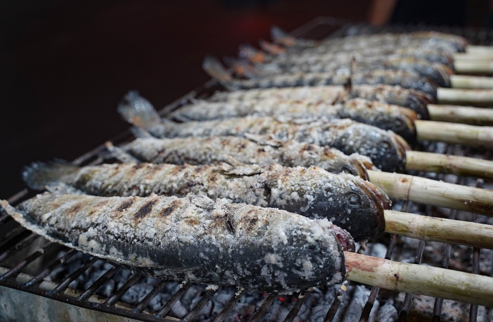 Cá trước khi đặt lên bếp than được phủ bên ngoài một lớp muối để khử mùi tanh, giữ nhiệt giúp cá chín đều và không bị khô.