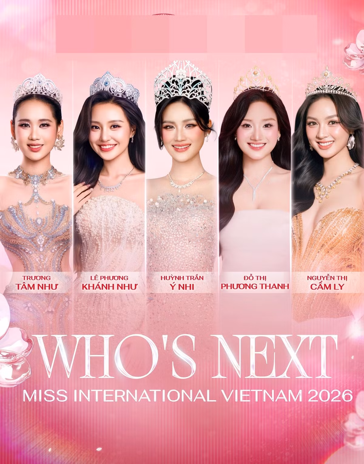 Fanpage Miss International Vietnam vừa công bố hình ảnh Ý Nhi, Phương Thanh, Cẩm Ly, Khánh Như và Tâm Như, đồng thời đánh giá đây là những ứng viên tiềm năng sẽ đại diện Việt Nam cho đấu trường Miss International 2026. Ảnh: Fanpage Miss International Vietnam.